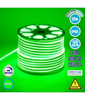 GLOBOSTAR® OVALE 70574 Ταινία Neon Flex LED 12W-m 600lm-m 120° DC 220-240V Αδιάβροχο IP65 120 x SMD2835 Chip-m Πράσινο Dimmable - Sanan SMD Chip - Μ100 x Π0.8 x Υ1.6cm - 3 Χρόνια Εγγύηση